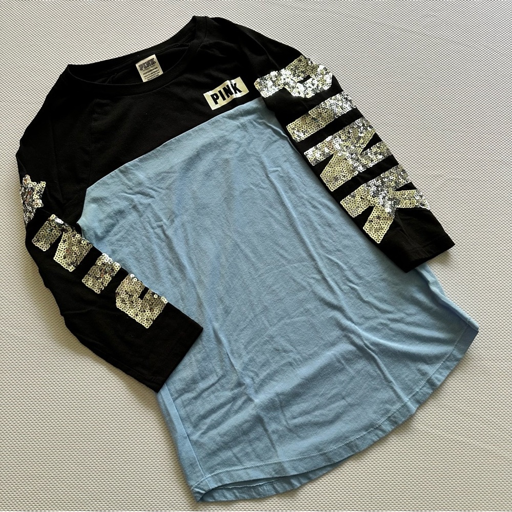 VS Pink. Long sleeve blue and black color block sequined tee